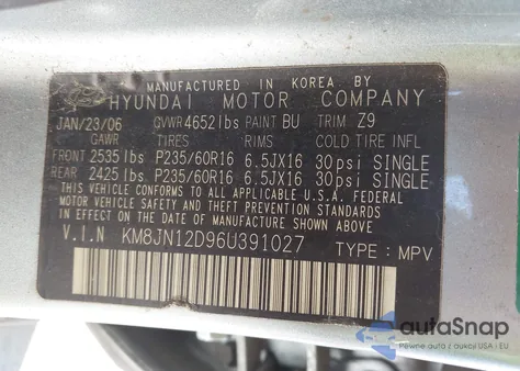 2006 Hyundai Tucson Gls/Limited z USA, uszkodzony, nr VIN KM8JN12D96U391027